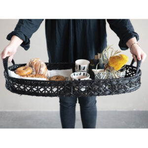 32" Hand-Woven Rattan Tray w- Handles, Black