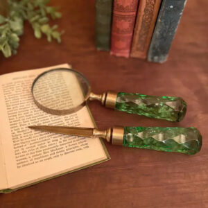 Green Glass Handled Magnifier and Letter Opener Desk Set