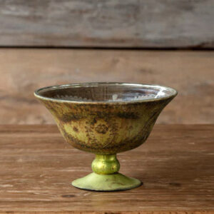 Antiqued Glass Etched Green Compote - Medium