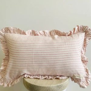 Pure French Linen Ruffle Lumbar Pillow Cover - Pink